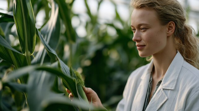 Plant geneticist in greenhouse isolation chamber hand-pollinates gene-edited drought-tolerant maize variety, growth data logged on a hanging whiteboard showing comparative ear
