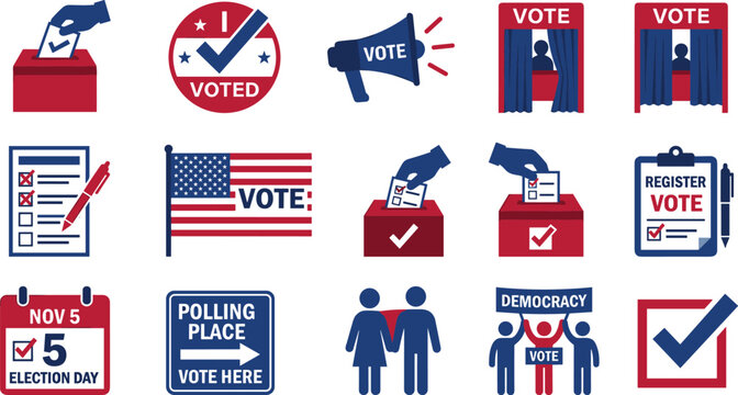 Voting and Election Day Icon Set with Ballot Box, American Flag, Polling Booth, Register Vote, and Democracy Symbols
