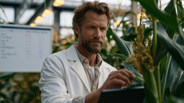 Plant geneticist in greenhouse isolation chamber hand-pollinates gene-edited drought-tolerant maize variety, growth data logged on a hanging whiteboard showing comparative ear