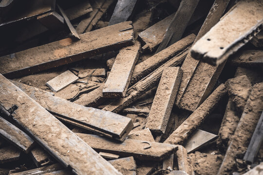 Old wood unused wooden stick from furniture factory. Reused or recycled wood board plank.