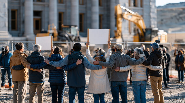 Architects and preservationists link arms outside a condemned Edwardian post office building, hand-lettered signs held overhead, as demolition machinery sits idle behind temporary