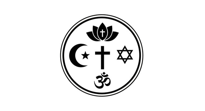 Interfaith and religious harmony symbol with multiple faith icons in a circle.