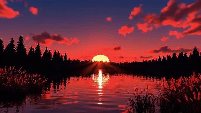 Silhouette of pine trees and reeds against a vibrant sunset over a calm lake