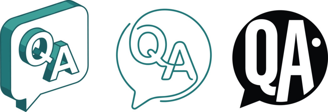 QA Question and Answer Speech Bubble Icon Set with 3D, Outline, and Black Silhouette Styles for FAQ and Support Designs
