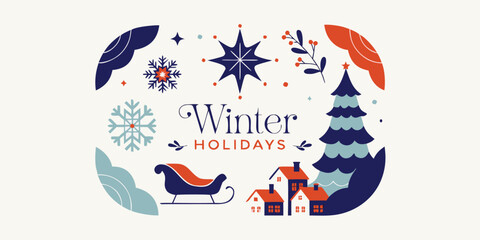 Winter holidays greeting card with stylized fir tree sled and snow ornaments. © SarwarGfx
