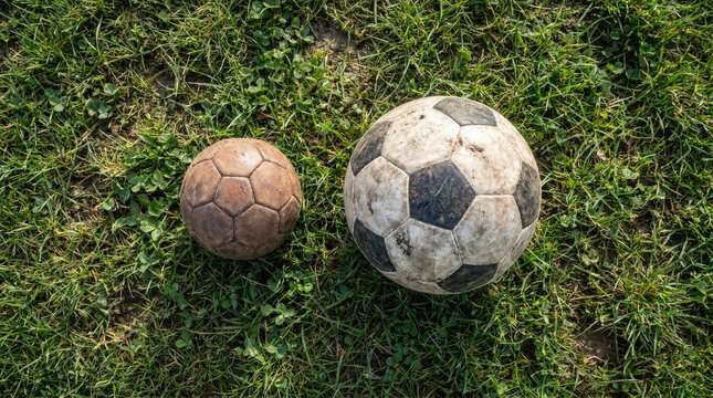 Small and large football on green grass, showcasing different sizes and textures