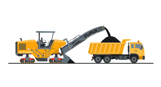Cold Planer Milling Machine Removing Asphalt and Loading Yellow Dump Truck Vector Illustration for Road Construction and Infrastructure Development