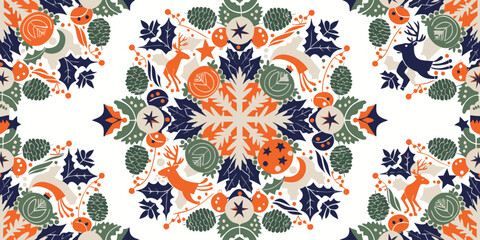 Mandala pattern with christmas elements reindeer snowflakes and pine cones. © SarwarGfx