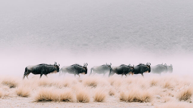 Herd of wildebeest migrating across a dusty savanna landscape.