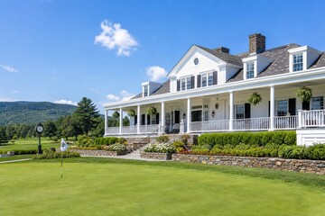Fototapeta premium Pristine white wooden clubhouse beside manicured green golf course.