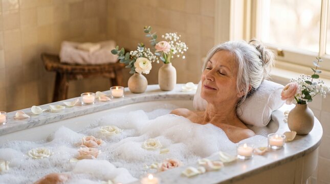 Radiant elderly woman enjoying relaxing bubble bath with floral petals and candlelight in serene bathroom, peaceful expression and soft natural light create calming spa atmosphere