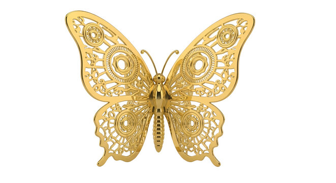 A golden butterfly ornament with intricate mechanical gear patterns on its wings isolated on a white background, with horizontal colorful, glitch lines isolated on a transparent background