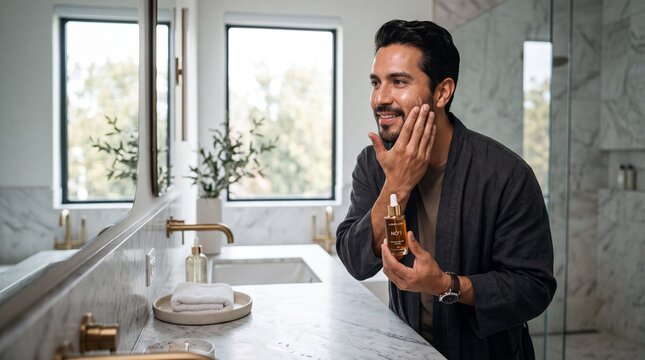 Smiling man applying facial oil at marble bathroom sink in morning light, grooming routine and self care moment with spa vibe