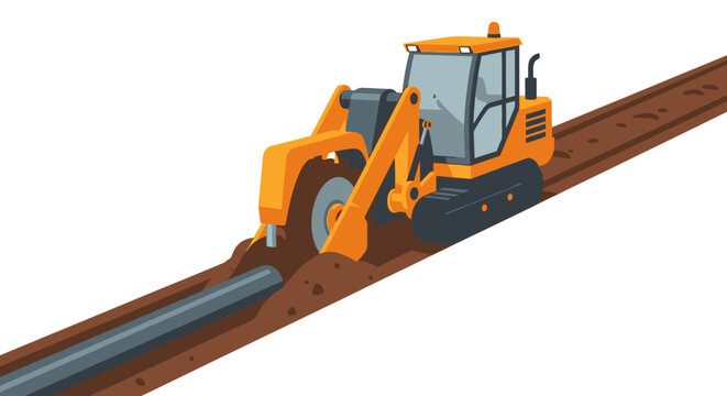 Industrial Pipe Layer and Trencher Machine Illustration for Underground Infrastructure Projects