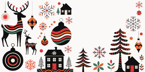 Modern abstract christmas background with stylized reindeer trees and geometric ornaments. © SarwarGfx