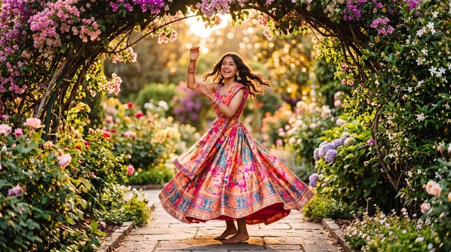 Young India woman in colorful traditional dress spins joyfully under flowering garden arch at golden hour, vibrant floral surroundings and warm sunlight creating lively, celebratory mood