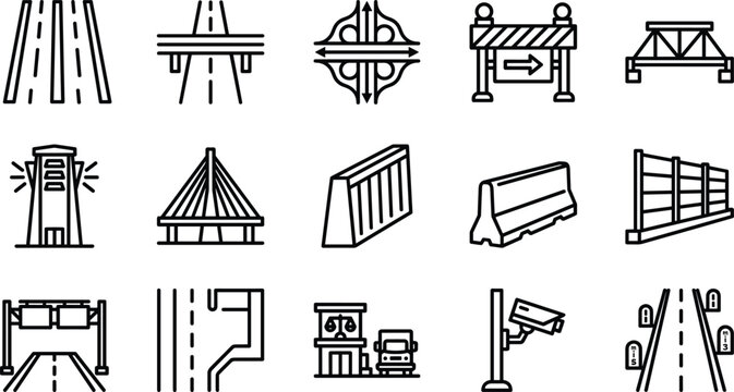Highway and Road Infrastructure Icon Set with Bridge, Overpass, Barrier, Toll Booth, CCTV Camera, and Traffic Control Line Icons
