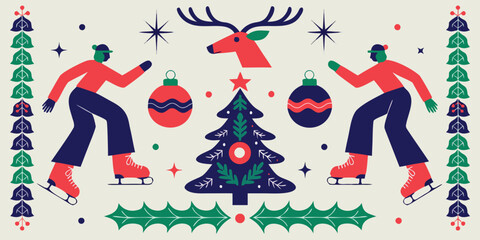Modern flat style christmas illustration with ice skaters and reindeer head. © SarwarGfx