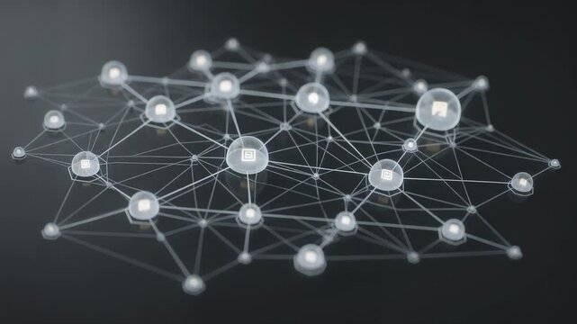 Medium shot of a network diagram with interconnected nodes emphasizing decentralized pension ledger transparency and data integrity.