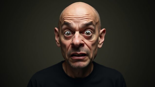 Male with bald head and exaggerated facial features expressing surprise, wearing a black t-shirt against a dark background with dramatic lighting