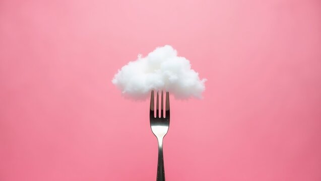 Fork holding fluffy cotton cloud against a vibrant pink background, creating a whimsical and surreal visual contrast in a minimalist composition