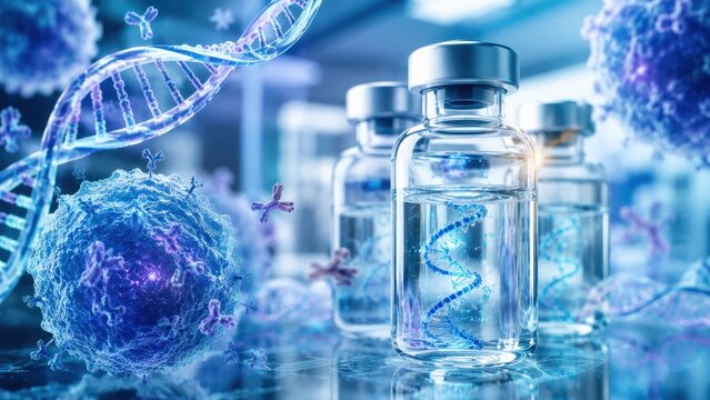 Advanced vaccine vial surrounded by DNA helix and cellular structures, biotechnology research, genetic medicine, healthcare innovation