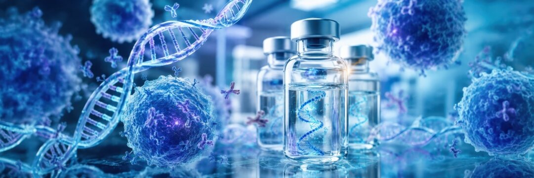 Biotechnology vaccine vials with DNA strands and cellular structures in futuristic laboratory, genetic medicine, healthcare innovation, science research