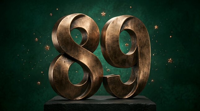 Number eighty-nine sits on a dark stone pedestal surrounded by tiny glowing stars in a studio setting.