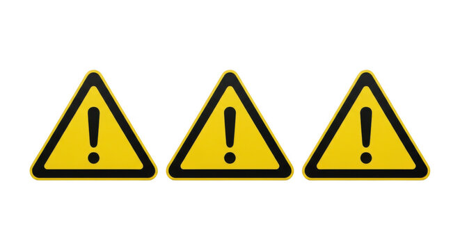 Triple warning sign icons alerting danger and caution with exclamation marks transparent background