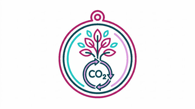 Carbon offset icon representing plant growth from CO2 recycling symbol within a badge for environmental conservation and sustainability concepts
