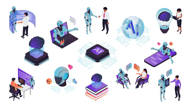 Artificial intelligence 3d isometric concept set. Flat isolated elements collection of ai chatbot, machine learning, robot interaction, neural network, online assistant, more. Vector illustration.