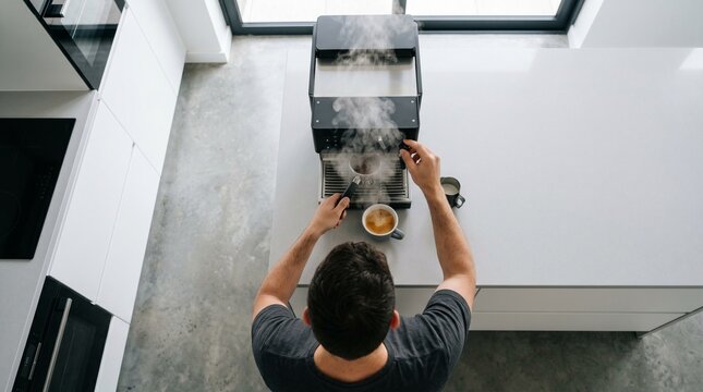 Top view of a man preparing fresh espresso with a professional coffee machine in a modern kitchen during a black friday sale event Black Friday