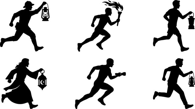 Set of Running Man Silhouettes Holding Lanterns Torch Flashlight and Traditional Ramadan Lamp for Adventure Exploration Night Search and Holiday Designs