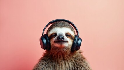 Fototapeta premium Sloth wearing black headphones against a pink background, showcasing a relaxed expression with fur texture clearly visible, emphasizing a playful and whimsical aesthetic