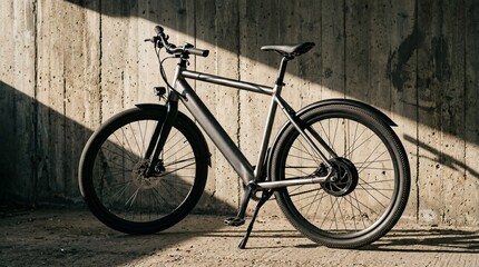 Fototapeta premium Modern Electric Bicycle with Sleek Design Parked Against Textured Concrete Wall with Dramatic Sunlight Shadows Black Friday