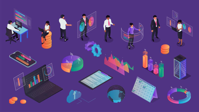 Business 3d isometric concept set. Flat isolated elements collection of businessman, office workplace, computer, graph, diagram, management, marketing, meeting, report, more. Vector illustration.