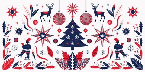 Nordic folk art style christmas card with ice skaters and reindeer. © SarwarGfx