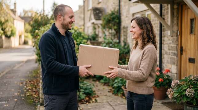 Delivery person handing a package to a smiling woman outside a charming stone house in a village Black Friday