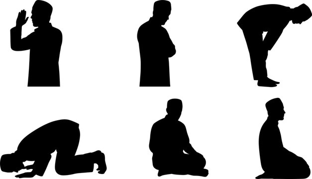 Set of Muslim Man Praying Silhouettes Showing Different Positions of Islamic Namaz Prayer for Ramadan Eid and Religious Spiritual Design Projects