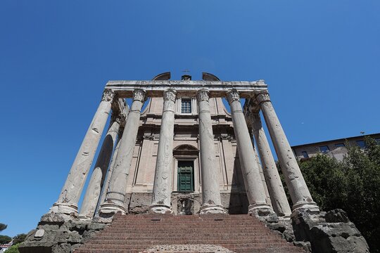 The Temple of Antoninus and Faustina, located in the Roman Forum. Over the course of history, the temple was transformed into a Christian church, the Church of San Lorenzo in Miranda.