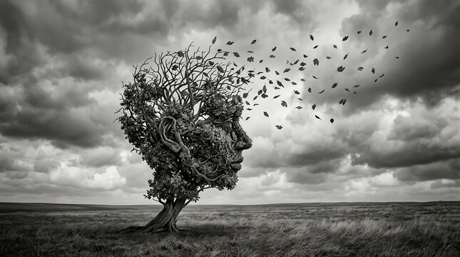 Mental health concept depicting Alzheimer's disease through a dissolving tree-shaped head profile.