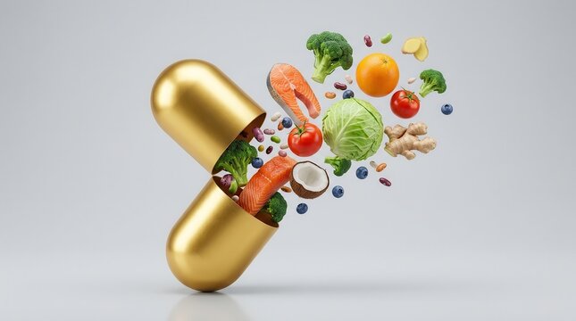 Concept of natural nutrition with healthy food elements emerging from a vitamin supplement.