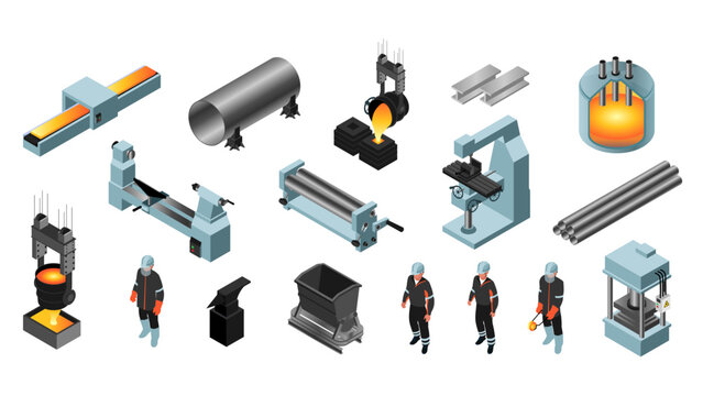 Metal industry 3d isometric concept set. Flat isolated elements collection of casting line, rolling mill, pipe, lathe, product molding, anvil, trolley, metallurgy worker, more. Vector illustration.