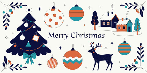 Merry christmas card with festive ornaments, village houses, decorated tree, and reindeer, holiday season celebration. © SarwarGfx