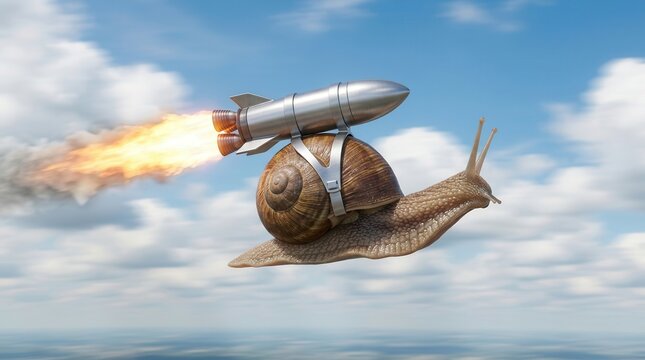 The business acceleration concept of a slow snail boosted by a high-speed rocket engine.