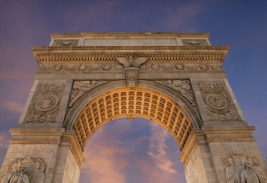Arc de Triomphe in Washington Square, evening sky, New York City, USA