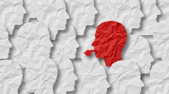 An individual whistleblower profile in red among a crowd of white paper human head shapes.