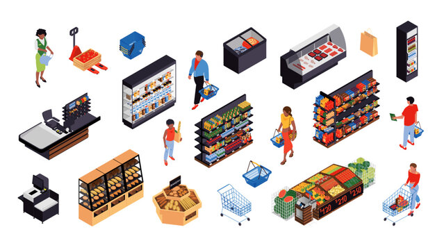 Supermarket 3d isometric concept set. Flat isolated elements collection of food shopping, buyer, grocery market, basket, trolley, checkout, shelves with vegetable, fruit, more. Vector illustration.