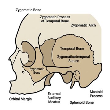 Labeled diagram of human zygomatic bone and temporal bone.