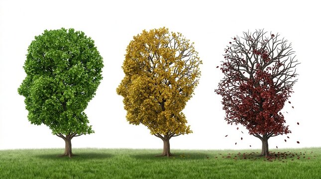 Human head silhouette trees transitioning from green to autumn red to symbolize memory loss.
